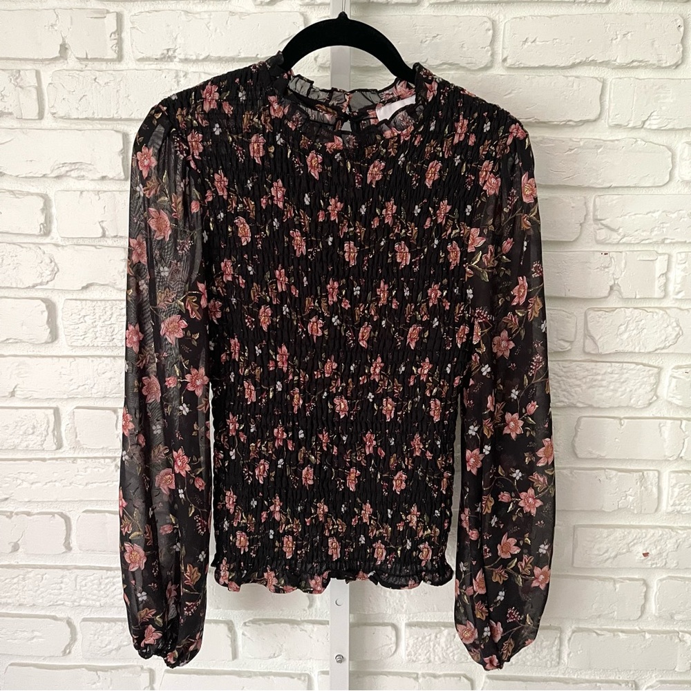 JOA Smocked Floral Blouse with Sheer Sleeves Size XS